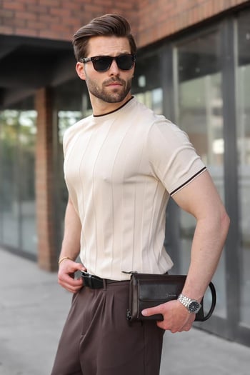 Taş Rengi Bisiklet Yaka Regular Fit Triko Erkek Tişört E7487