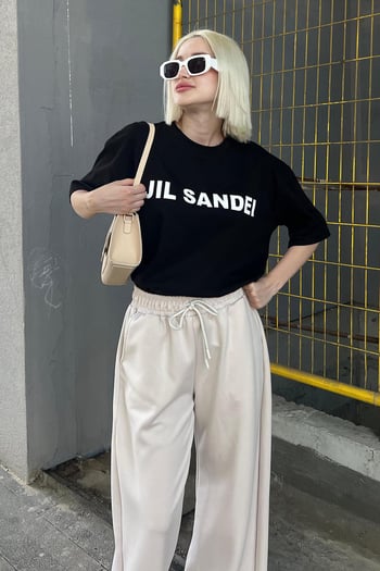 Siyah Oversize Baskılı Bisiklet Yaka Kısa Kollu Tişört MG2126