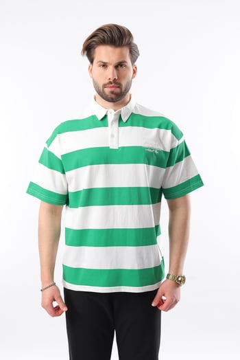 Yeşil Oversize Renk Bloklu Polo Yaka Tişört E7120