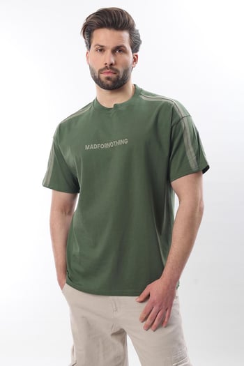 Haki Bisiklet Yaka Baskılı Erkek T-shirt E7110
