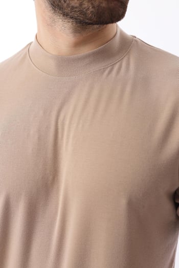 Bej Bisiklet Yaka Basic Erkek T-shirt E7113