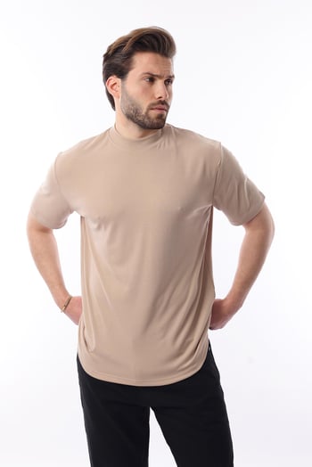 Bej Bisiklet Yaka Basic Erkek T-shirt E7113