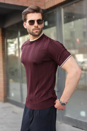 Mürdüm Bisiklet Yaka Regular Fit Triko Erkek Tişört E7487
