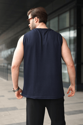 Lacivert Bisiklet Yaka Jakarlı Kolsuz Erkek Tişört E7180