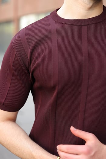 Mürdüm Regular Fit Bisiklet Yaka Fitilli Triko Erkek Tişört E7490