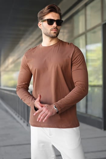 Kahverengi %100 Pamuklu Slim Fit Erkek Tişört E7187