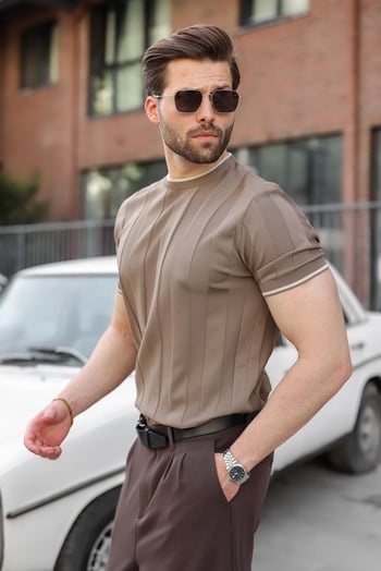 Açık Kahverengi Bisiklet Yaka Regular Fit Triko Erkek Tişört E7487