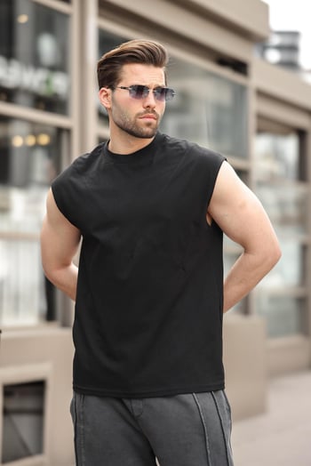 Siyah Kolsuz %100 Pamuklu Basic Erkek T-shirt E7137