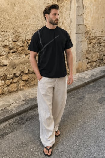 Siyah Bisiklet Yaka Şerit Detaylı Pamuklu Erkek T-shirt E7033