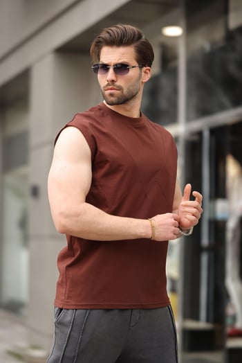 Acı Kahve Kolsuz %100 Pamuklu Basic Erkek T-shirt E7137