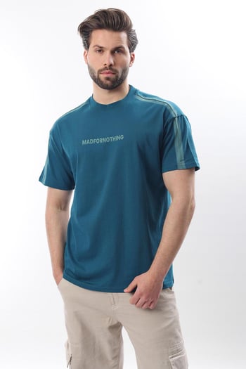 Petrol Mavisi Bisiklet Yaka Baskılı Erkek T-shirt E7110