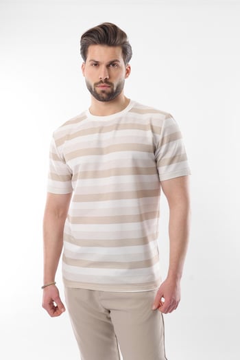 Bej Bisiklet Yaka Çizgili Erkek T-shirt E7118