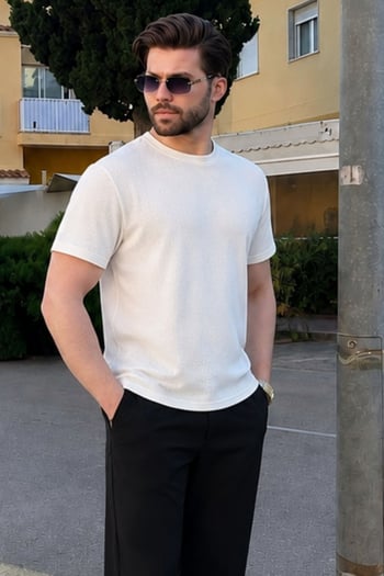 Madmext Ekru Bisiklet Yaka Oversize Erkek T-shirt E7134
