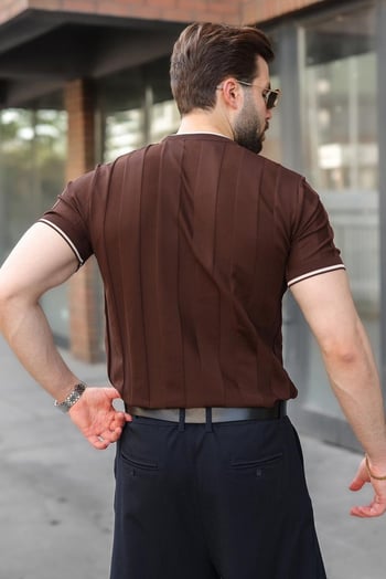 Kahverengi Bisiklet Yaka Regular Fit Triko Erkek Tişört E7487