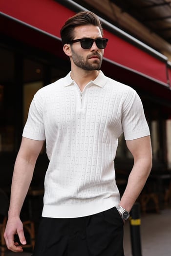 Beyaz Polo Yaka Slim Fit Triko Erkek Tişört E7465