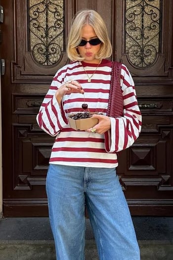 Ekru Çizgili Uzun Kollu Kadın Tshirt MG2571