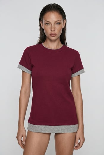 Bordo Bisiklet Yaka Çift Renkli Basic Tişört MG2682