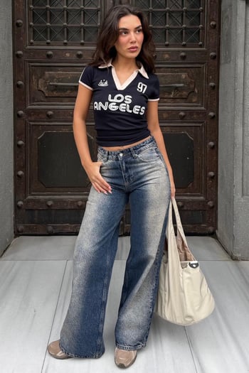 Lacivert Baskılı Polo Yaka Slim Fit Kadın Tişört MG2689