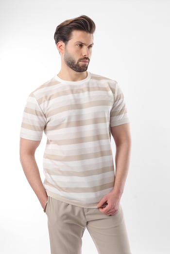 Bej Bisiklet Yaka Çizgili Erkek T-shirt E7118