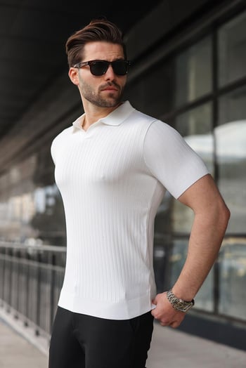 Beyaz Polo Yaka Triko Erkek Tişört E7461