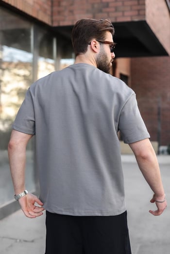 Füme Bisiklet Yaka Oversize Erkek Tişört E7176