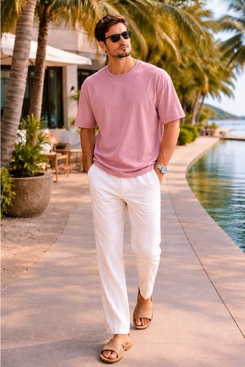 Erkek Toz Pembe Oversize Fit Basic Tişört 6066