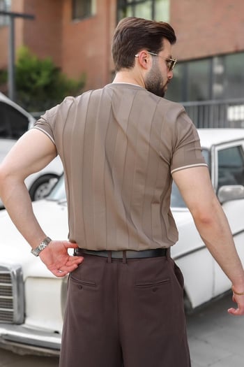 Açık Kahverengi Bisiklet Yaka Regular Fit Triko Erkek Tişört E7487