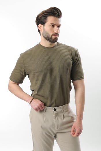 Haki Dokulu Çizgi Tasarım Bisiklet Yaka Erkek T-shirt E7122