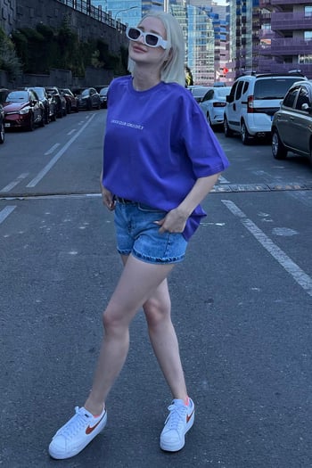 Mor Oversize Sırt Ve Ön Baskılı Bisiklet Yaka Kısa Kollu Tişört MG2130