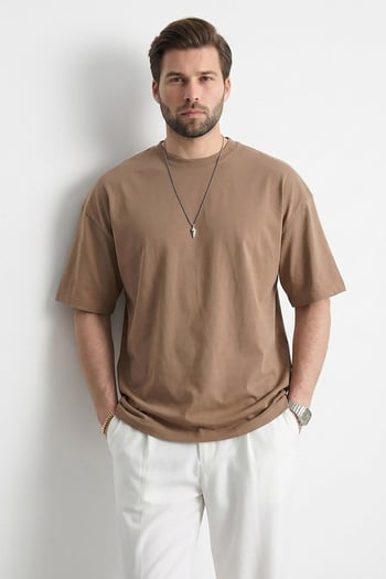Erkek Kapuçino Oversize Fit Basic Tişört 6066