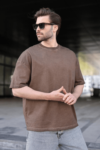 Kahverengi %100 Pamuklu Bisiklet Yaka Oversize Erkek Tişört E7177
