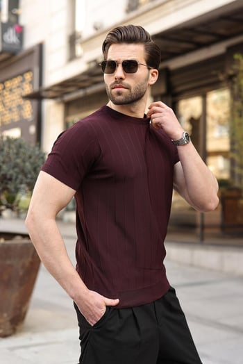 Madmext Erkek Bordo Triko Tişört 5684