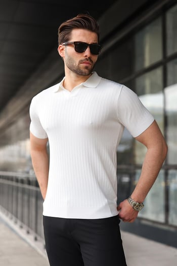 Beyaz Polo Yaka Triko Erkek Tişört E7461