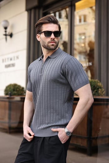Antrasit Polo Yaka Slim Fit Triko Erkek Tişört E7465
