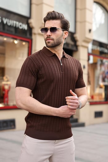 Kahverengi Polo Yaka Slim Fit Triko Erkek Tişört E7465