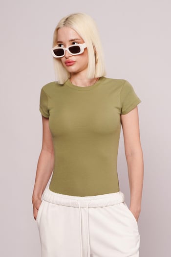Açık Yeşil Bisiklet Yaka Basic Kadın T-shirt Mg2479