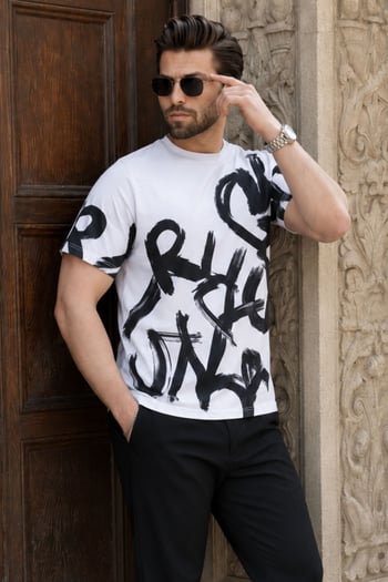 Madmext Men Designed White T-shirt 5811