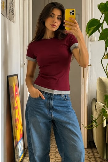 Bordo Bisiklet Yaka Çift Renkli Basic Tişört MG2682