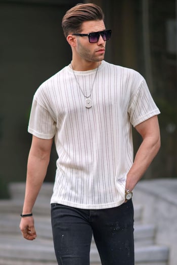 Ekru Oversize Bisiklet Yaka Erkek Tişört 6179