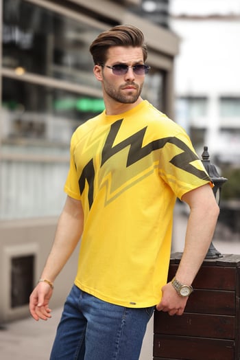 Sarı Baskılı %100 Pamuk Erkek T-shirt E7111