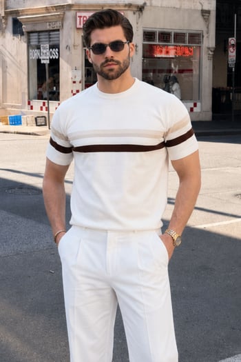 Madmext Beyaz Bisiklet Yaka Çizgili Erkek T-shirt E7412
