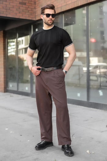 Siyah Bisiklet Yaka Regular Fit Triko Erkek Tişört E7487