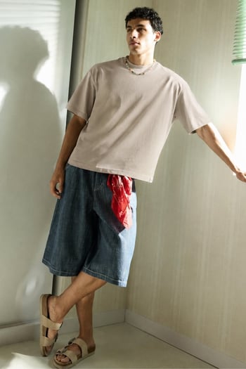 Erkek Taş Rengi Oversize Fit Basic Tişört 6066