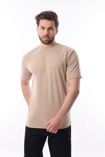 Bej Bisiklet Yaka Basic Erkek T-shirt E7113