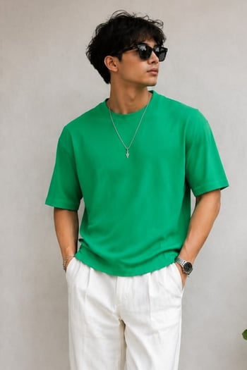 Erkek Parlak Yeşil Oversize Fit Basic Tişört 6066