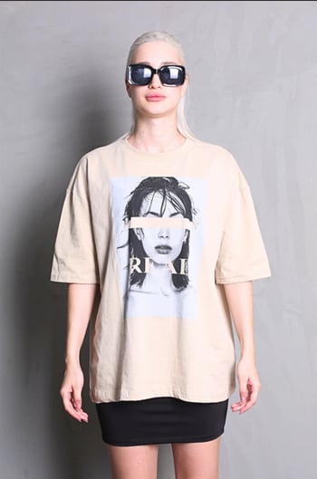Bej Oversize Baskılı Kadın Tişört MG1764