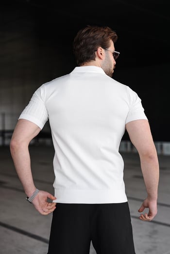 Beyaz Slim Fit Polo Yaka Triko Erkek Tişört E7472