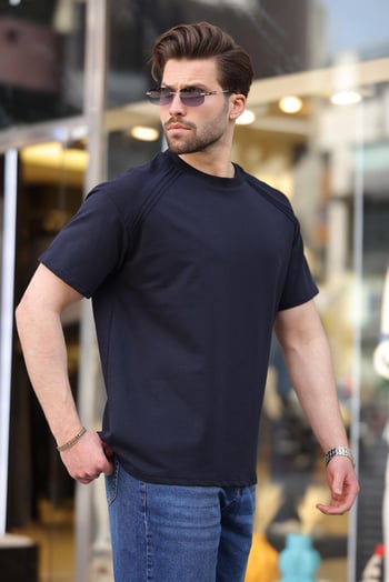 Lacivert Bisiklet Yaka Basic Erkek T-shirt E7138