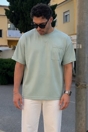 Mint Yeşili  Erkek Cep Detaylı Oversize Tişört 6194
