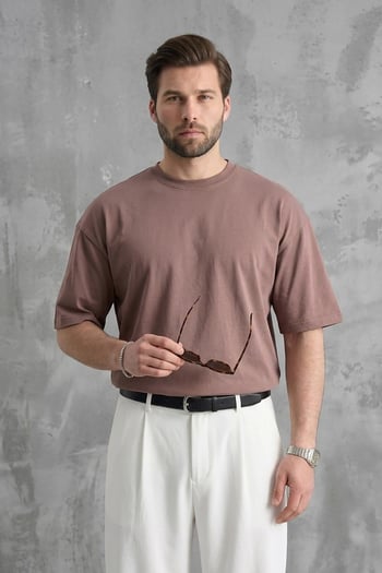 Erkek Kahverengi Oversize Fit Basic Tişört 6066